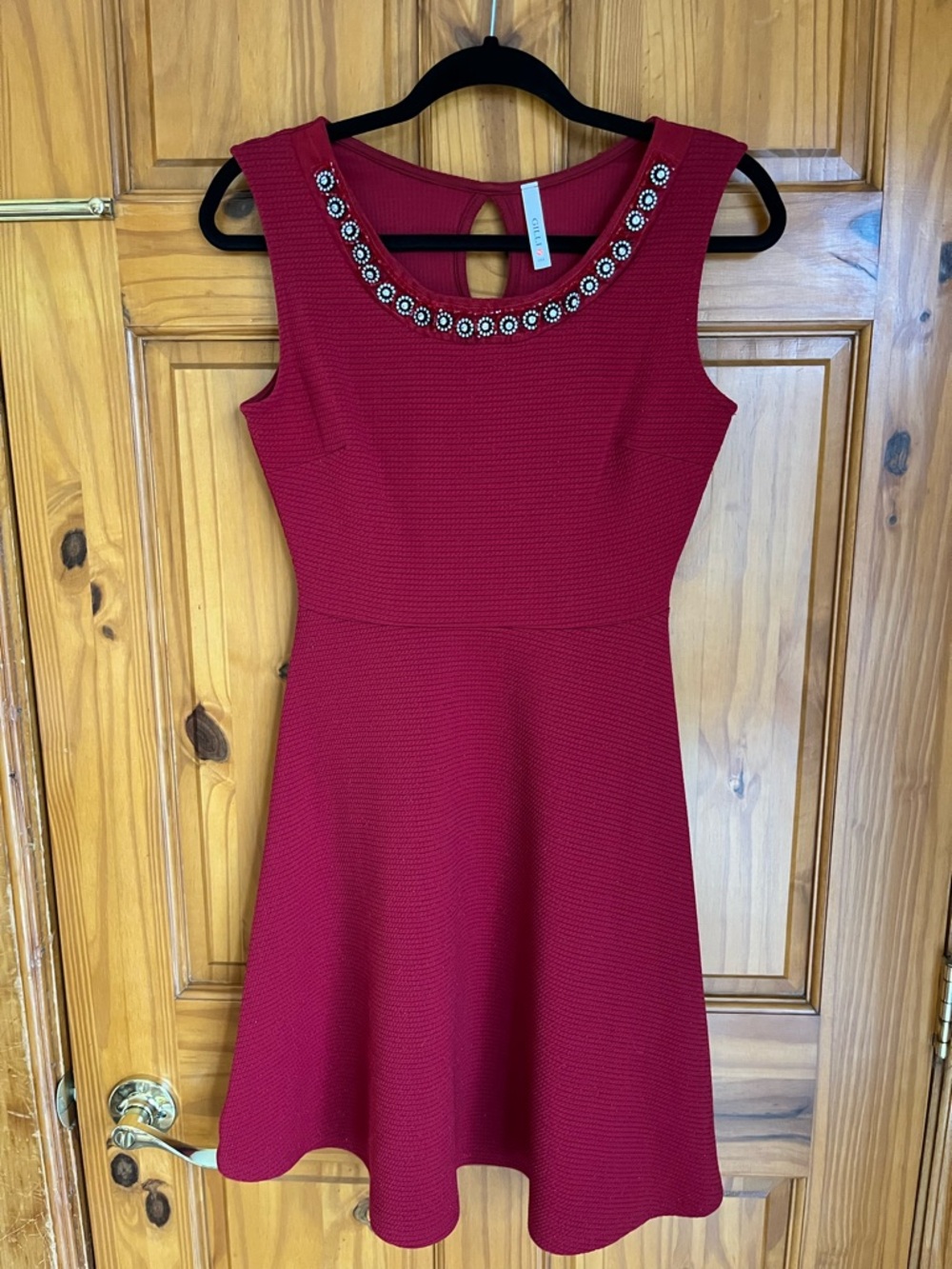 Embellished Jewel Neck Fit & Flare Dress - Wine Red